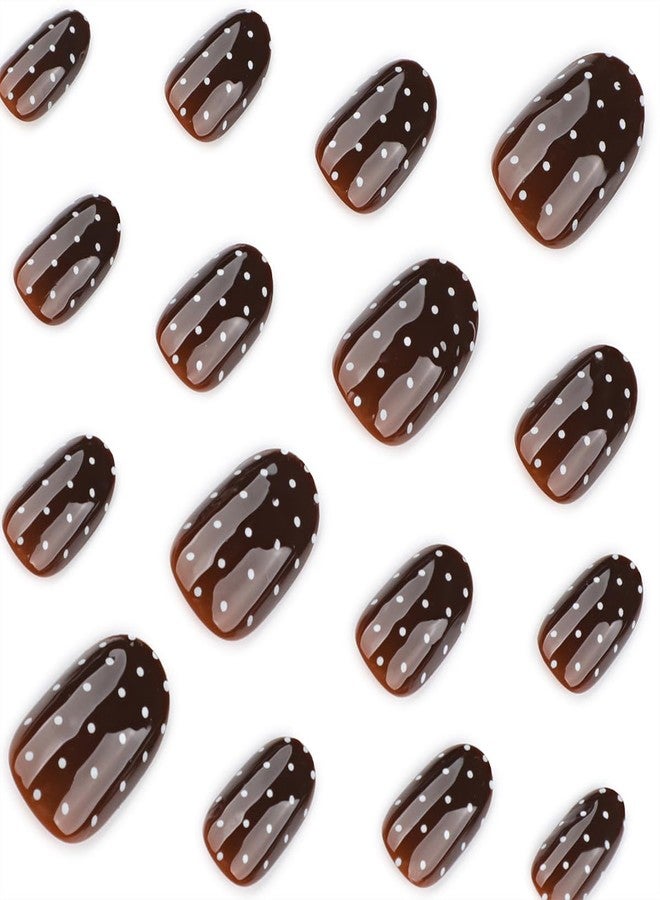OSTTMA 24Pcs Brown Press on Nails Polka Dot Fake Nails Short Oval False Nails Press ons with White Dots Design Full Cover Stick on Nail for Women, Reusable Glue on Nails for Daily Wear Party - Image 2